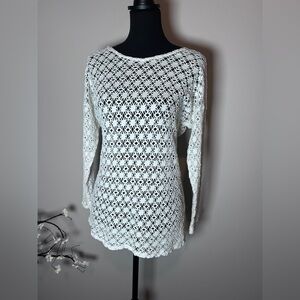Vintage 80s 90s Crochet Sweater Cream Open Knit Boho Sweater USA Made Large